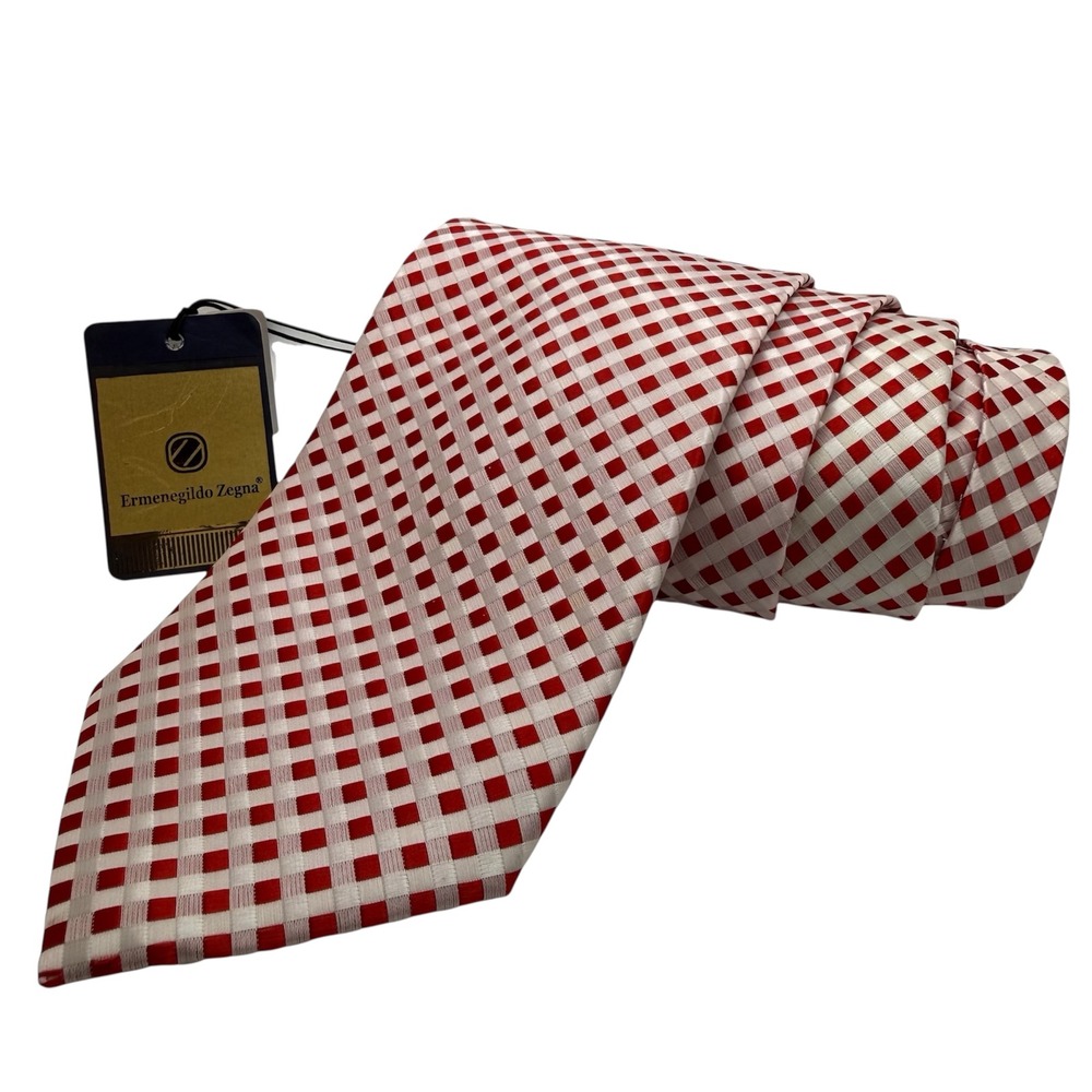 Ermenegildo Zegna Tie Mens Red‎ White Silk Check Pattern Italy New With Tags 59"